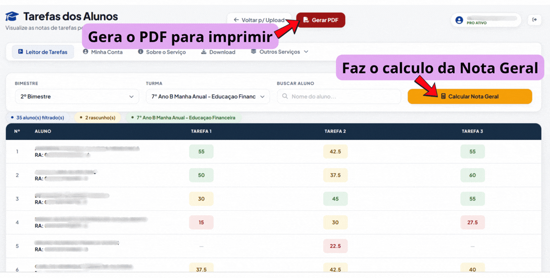 Analise e Feche o Bimestre: Filtre turmas, calcule notas gerais e gere PDFs para impressão